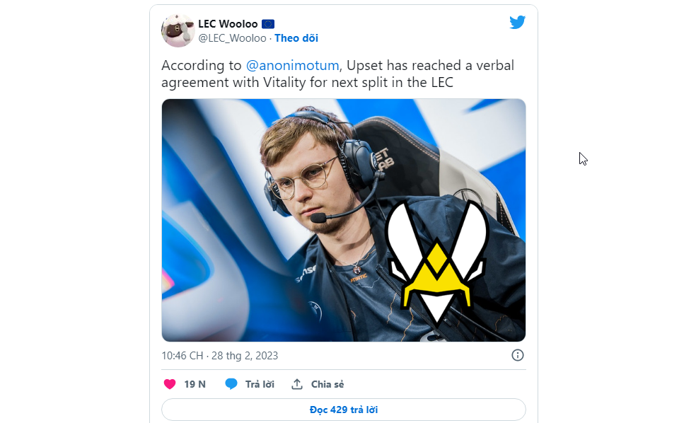 Thông tin về việc Xạ thủ Upset sẽ chuyển đến Vitality được Wooloo tiết lộ trên Twiter